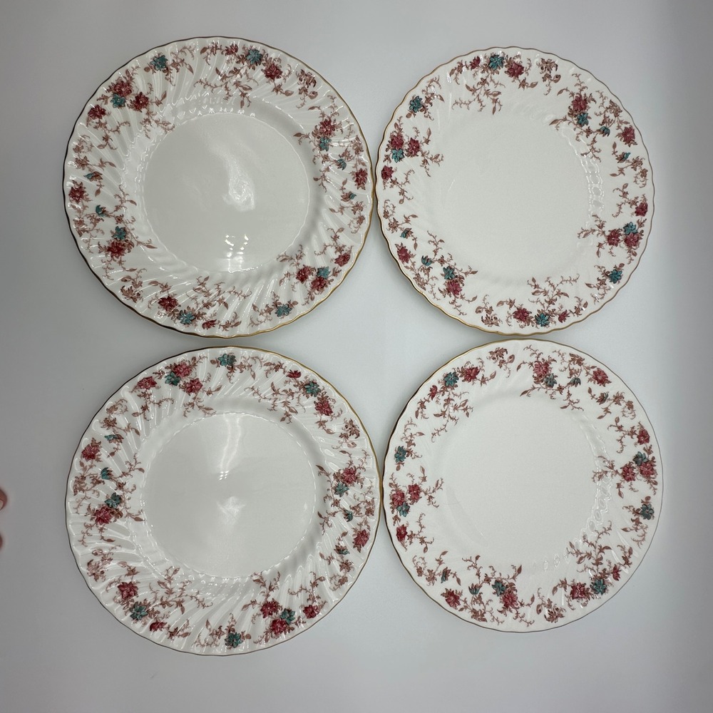 4 set Minton Ancestral S-376 Bone China Dinner Plates Pink Teal Floral 10.5 in